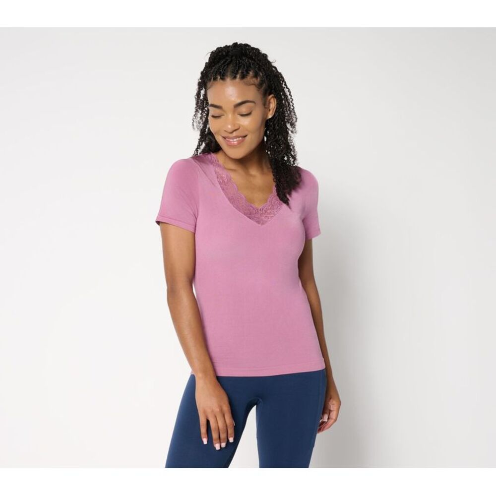 Breezies Women's Top Sz L Natural Curves Seamless Lace Layering Tee Pink